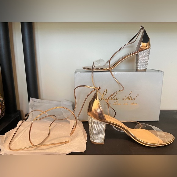 Lala Ikai Golden  Strappy Open
Toe Rhinestone Block Heels
Party Shoe - Picture 2 of 8